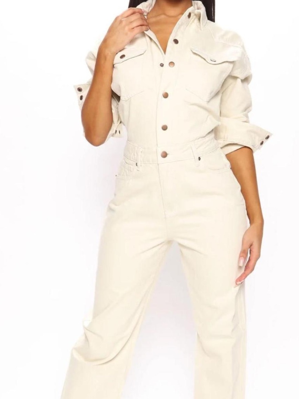 Fashion Nova Cream Utility Denim Jumpsuit